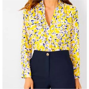 Ann Taylor Lemon Print Blouse Long Sleeve Button Down Shirt Yellow Size Medium